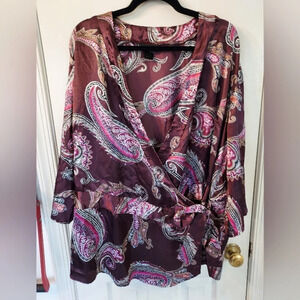 Lane Bryant Brown and Pink Paisley Silk Wrap Blouse in Size 22/24W